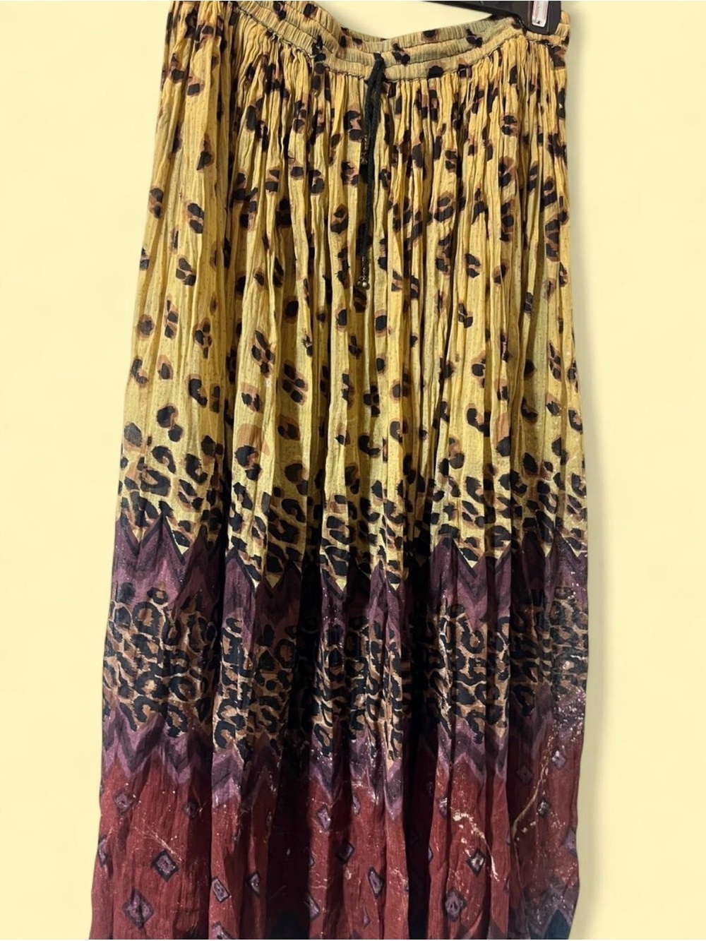 Tiered Leopard Print Maxi Skirt in Yellow and Burgundy